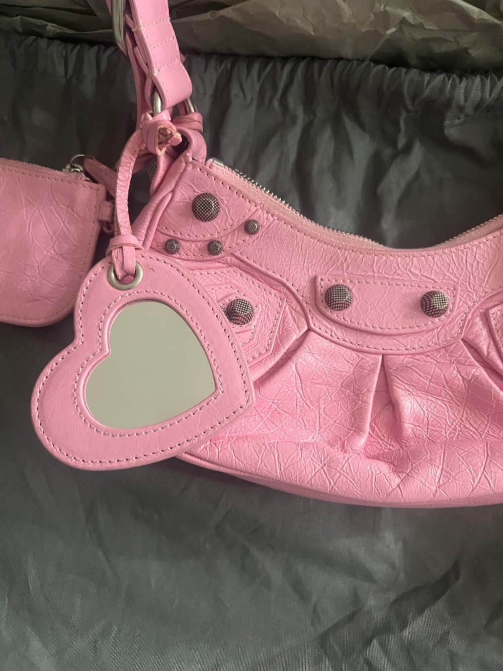Balenciaga Pink Leather Studded Shoulder Bag with Heart Mirror Charm - Picture 3 of 10